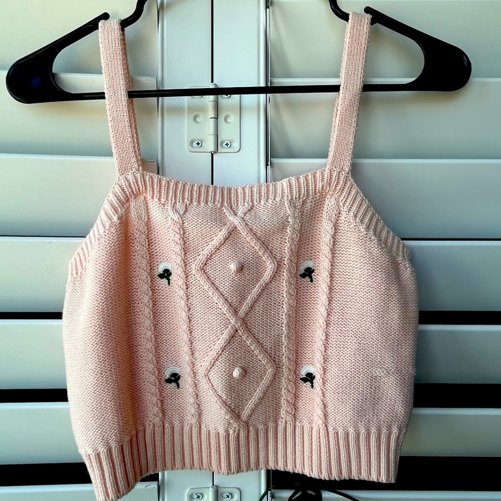 pink embroidered sweater tank top